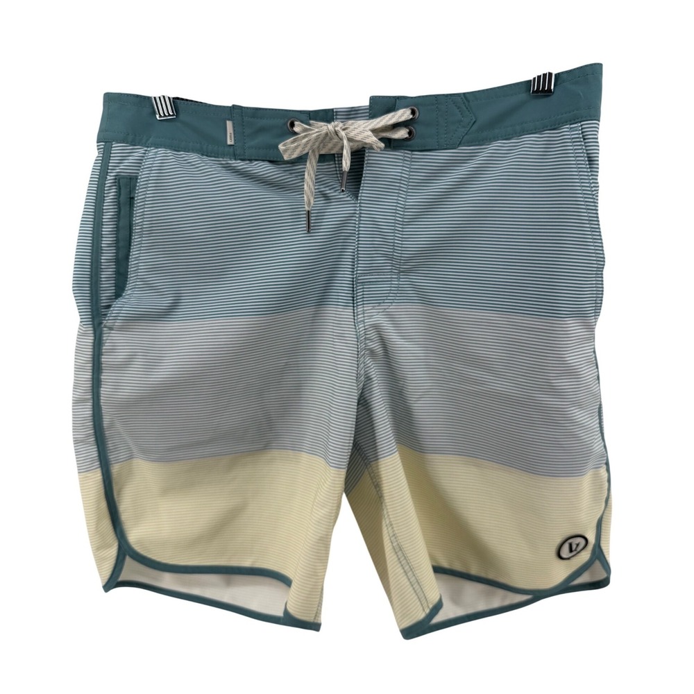 Vuori Cruise Boardshorts Mens 30 Striped Teal Blue Yellow 4-Way Stretch V314